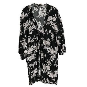 Spiritual Gangster Black Lavender Floral Kimono Tie Pockets Short Sleeve One Sz